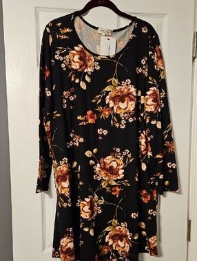 Sweet Love Black Floral Long Sleeve Swing Dress with Rust and Cream Blooms
